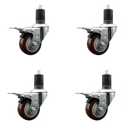 Service Caster 3'' Maroon Poly Swivel 1-5/8'' Expanding Stem Caster Set Total Lock Brake, 4PK SCC-EXTTL20S314-PPUB-MRN-158-4